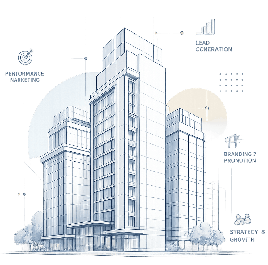 Modern architectural building with service icons